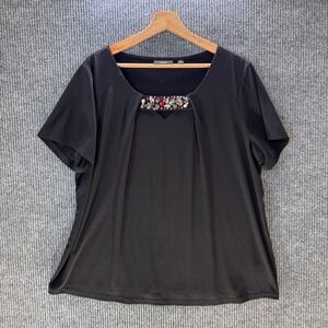 Susan Graver‎ Women 1X Artisan Embellished Liquid Knit Top Black Short Sleeve